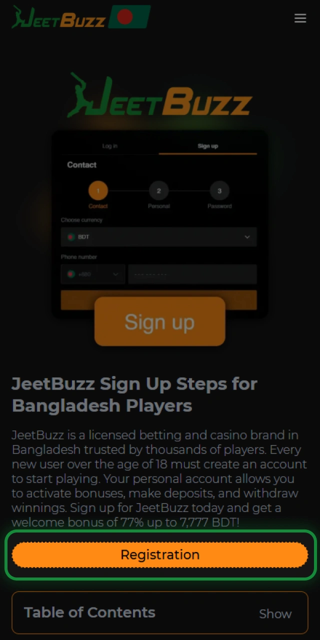Click the register button to begin your JeetBuzz sign-up.